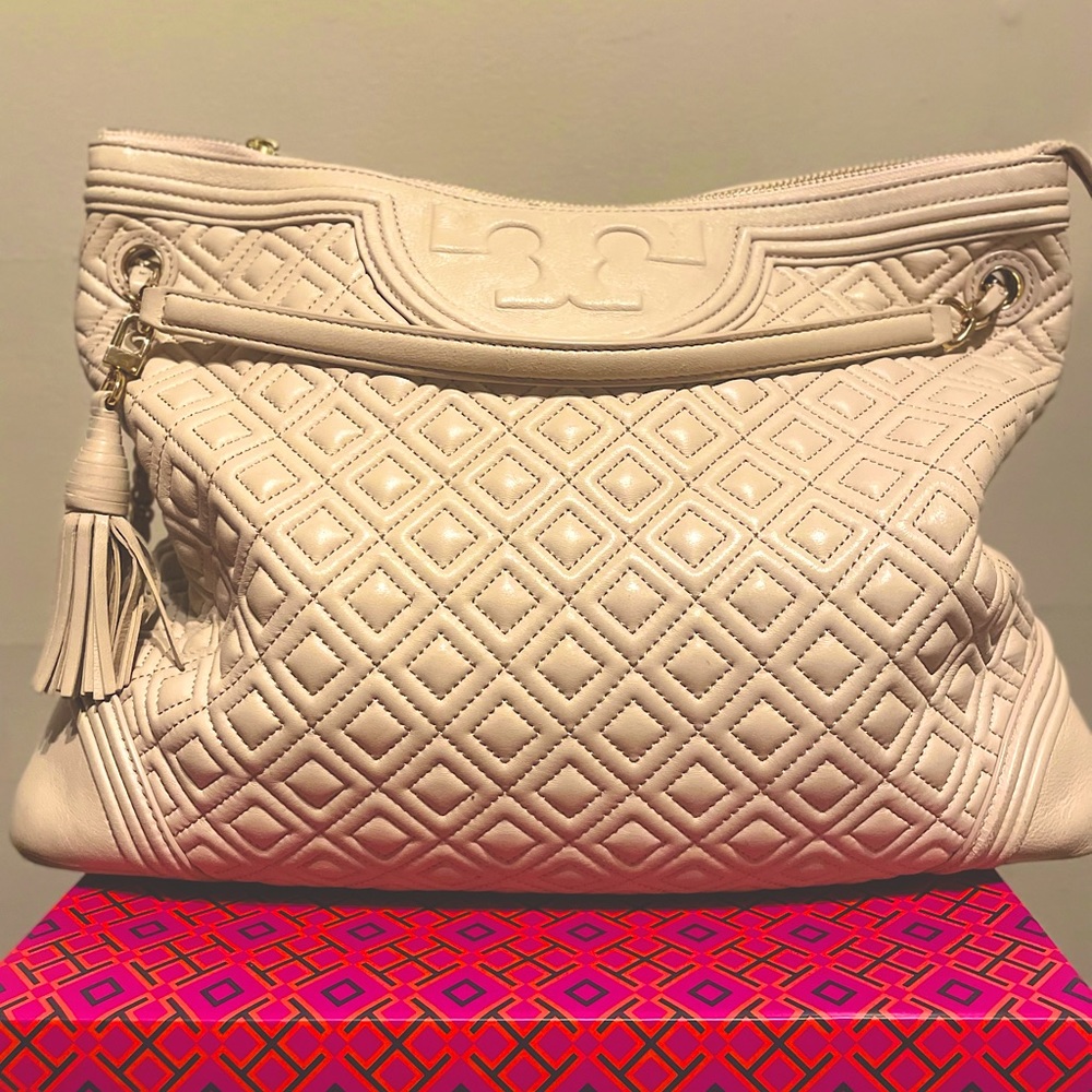 Tory Burch Fleming Bedrock Leather Beige Lamb Skin Tote